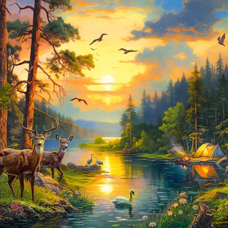 Tramonto su un fiume nella foresta