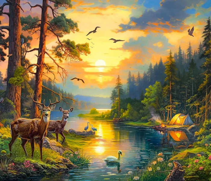 Puzzle - Castorland - Tramonto su un fiume nella foresta